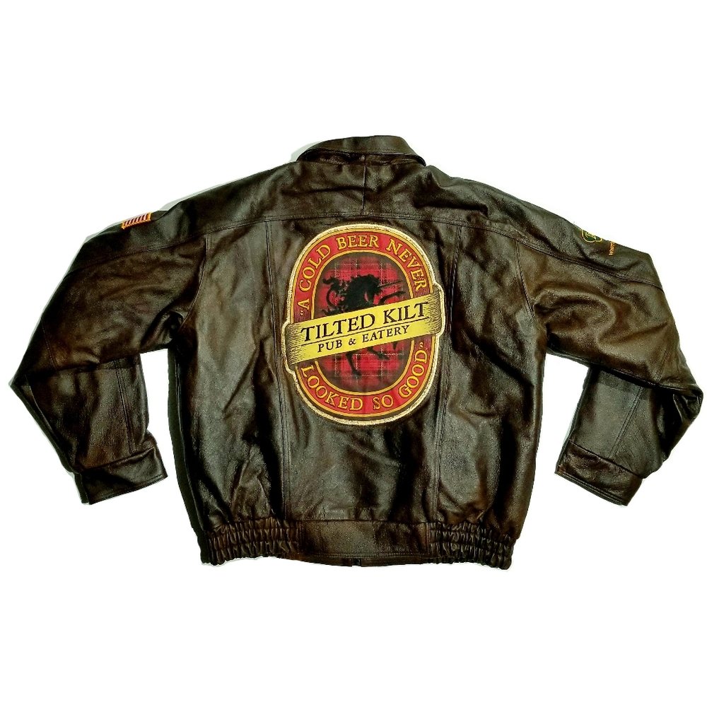 Rare Tilted Kilt Pub White Marsh Burks Bay Mens Leather Bomber Jacket Brown XL - Picture 8 of 12